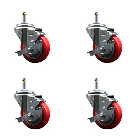 Service Caster 3.5'' Red Poly Swivel 7/16'' Grip Ring Stem Caster Set with Brake, 4PK SCC-GR20S3514-PPUB-RED-TLB-716138-4